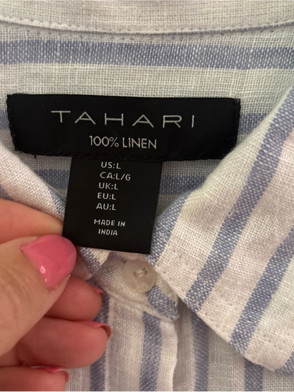 Tahari L Light Blue/White Striped 100% Linen L/S Button Up Shirt Coastal Beachy - Picture 3 of 12